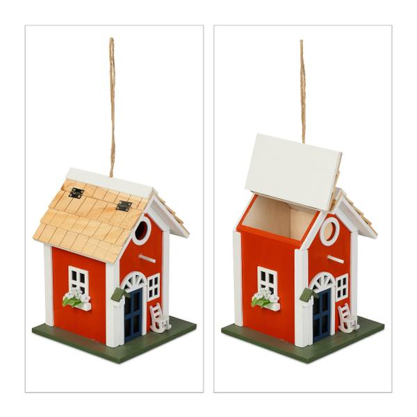 Decoratief vogelhuisje landhuis bruin - rood - wit - plaatmateriaal op houtbasis - 19 x 25 x 19 cm