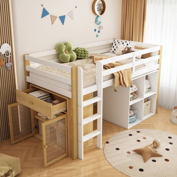 Hochbett Noah Braun - Weiß - Holzwerkstoff - Massivholz - 96 x 120 x 204 cm