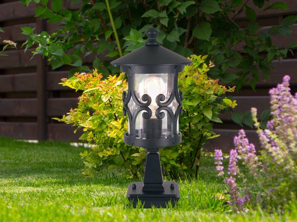 LED Sockelleuchte Landhausstil, 34cm Schwarz - Aluminium - Klarglas - 15 x 34 x 21 cm