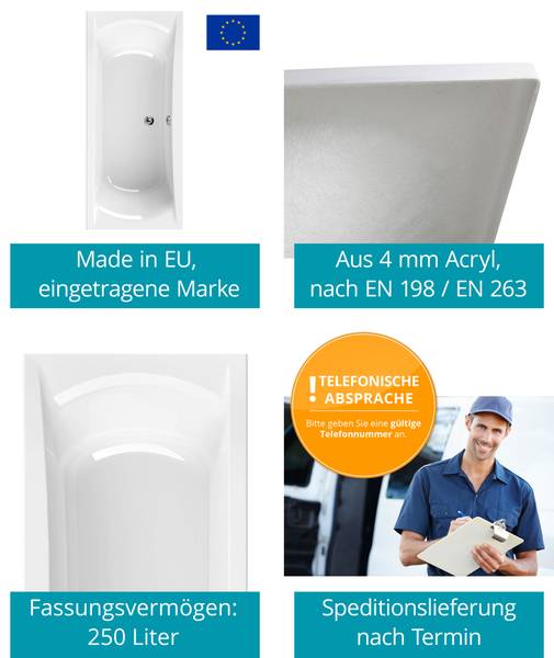 Badewanne Modern Curved 3-teilig Fuß Weiß - Kunststoff - 80 x 43 x 180 cm