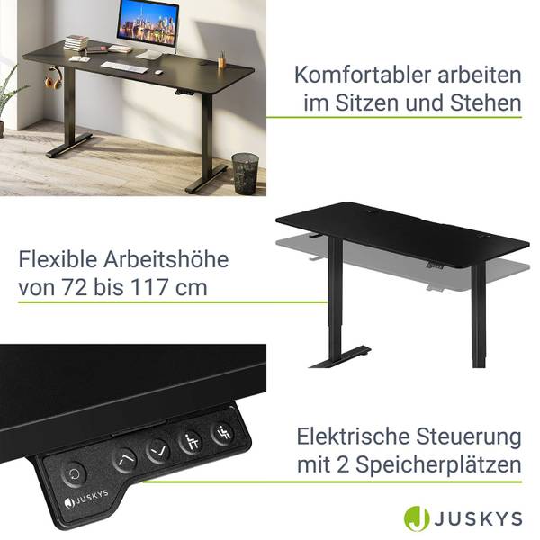 Schreibtisch Office höhenverstellbar Schwarz - Breite: 140 cm