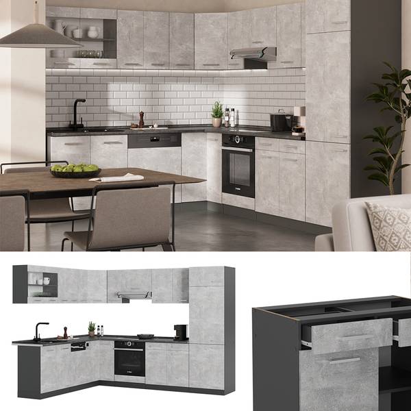 Cuisine en angle R-Line 53888 lot de 12 Gris - Chrome - 287 x 82 x 60 cm