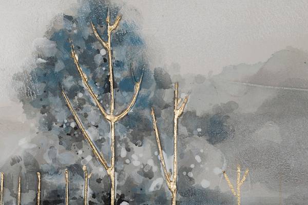 Tableau peint à la main Forêt Brumeuse Bleu - Gris - Coton - 100 x 75 x 4 cm