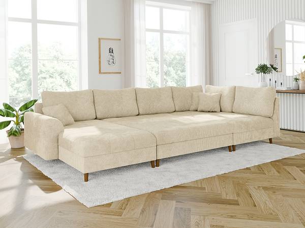 Wohnlandschaft und Hocker Sindre Beige - Ecke davorstehend links