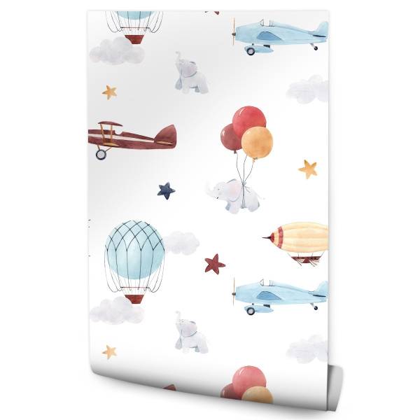 Tapete Flugzeuge Ballons Wolken Sterne Beige - Schwarz - Blau - Braun - Grau - Rot - Weiß - Papier - 53 x 1000 x 1000 cm