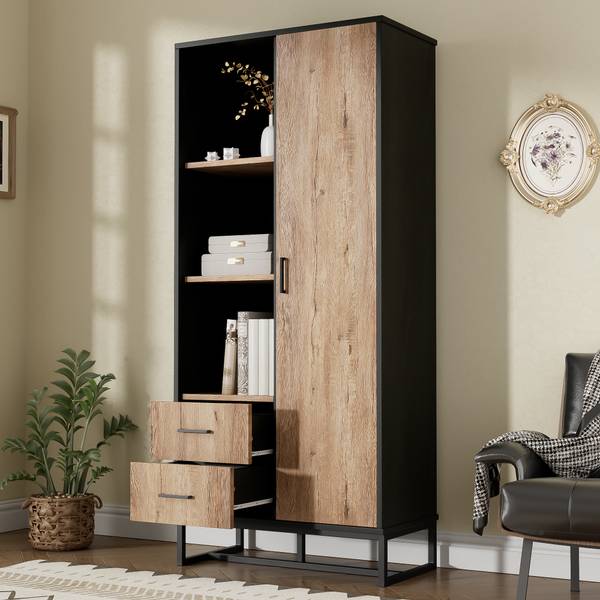 Hochschrank mit 2 Schubladen Coeus Ⅱ Schwarz - Braun - Eisen - 80 x 180 x 40 cm