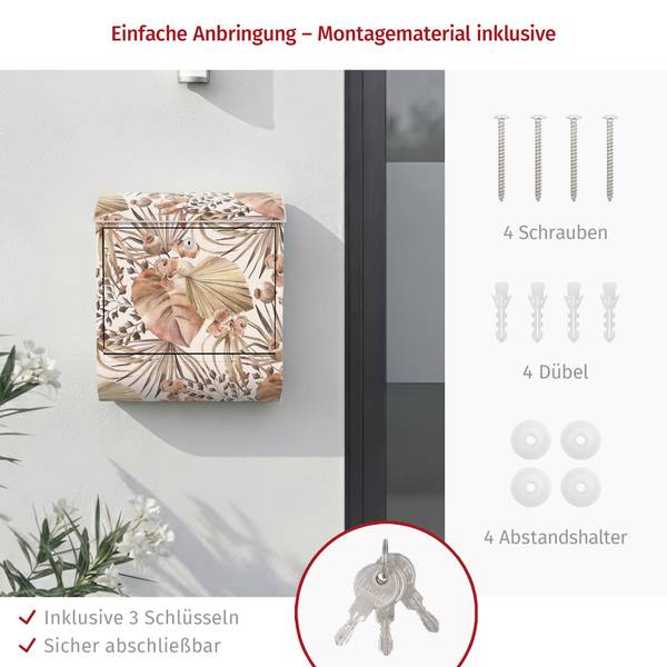 Briefkasten Palmenblätter I Braun - Stahl - 39 x 46 x 13 cm
