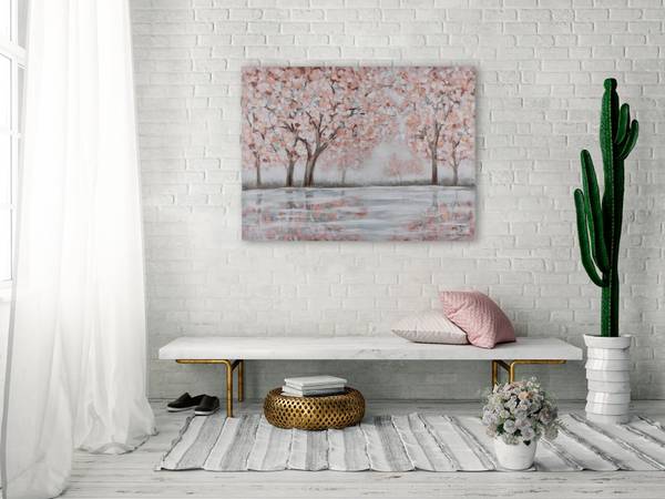 Tableau peint à la main Fleurs Brume Gris - Rose foncé - Coton - 100 x 75 x 4 cm