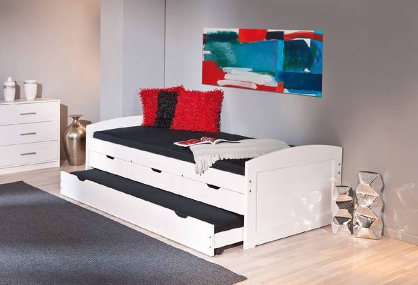 Einzelbett mit unterem Ausziehbett und Weiß - Massivholz - 195 x 63 x 98 cm