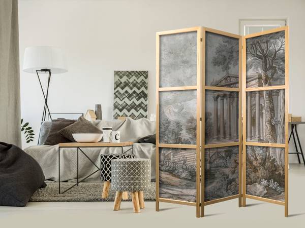Paravent Architektur Bäume 3-tlg Beige - Grau - Grün - Holzwerkstoff - Textil - 135 x 172 x 3 cm
