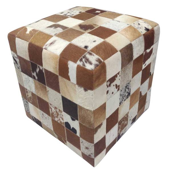 Patchwork Fellhocker Jaspal Beige - Holzwerkstoff - Echtfell - 45 x 45 x 45 cm