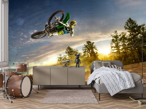 Fototapete Motocross Sprung Berge Bäume 350 x 256 x 256 cm