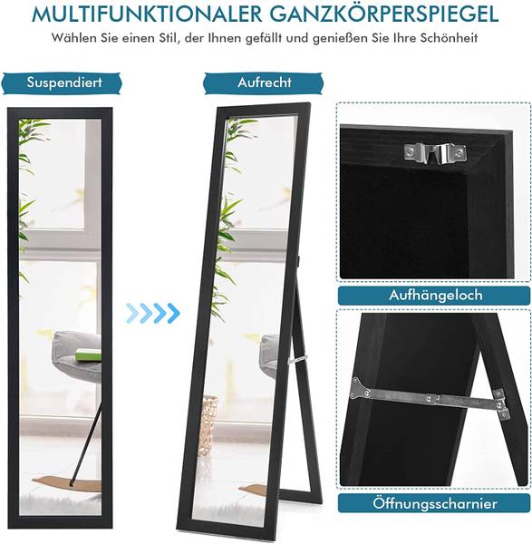Standspiegel mit Holzrahmen Schwarz - Glas - 50 x 155 x 37 cm