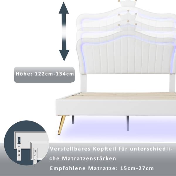Lit capitonné GLOWPUER Ⅱ Blanc - Bois manufacturé - Métal - Cuir synthétique - 152 x 134 x 203 cm