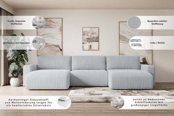 Wohnlandschaft KLEEA-U Weiß - Strukturstoff - Cord - 347 x 83 x 143 cm