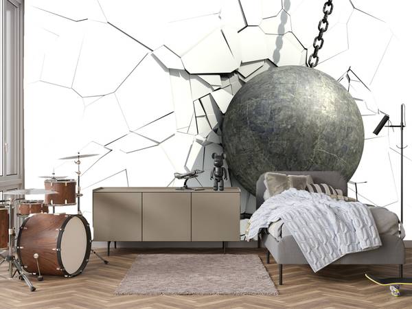 Fototapete Metallkugel Riss Wand 250 x 175 x 175 cm