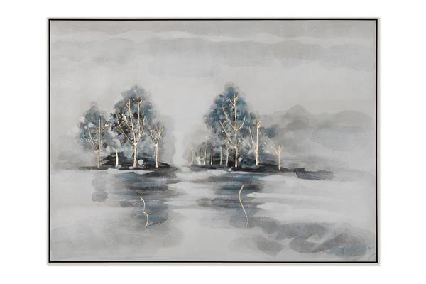Tableau peint à la main Forêt Brumeuse Bleu - Gris - Coton - 100 x 75 x 4 cm