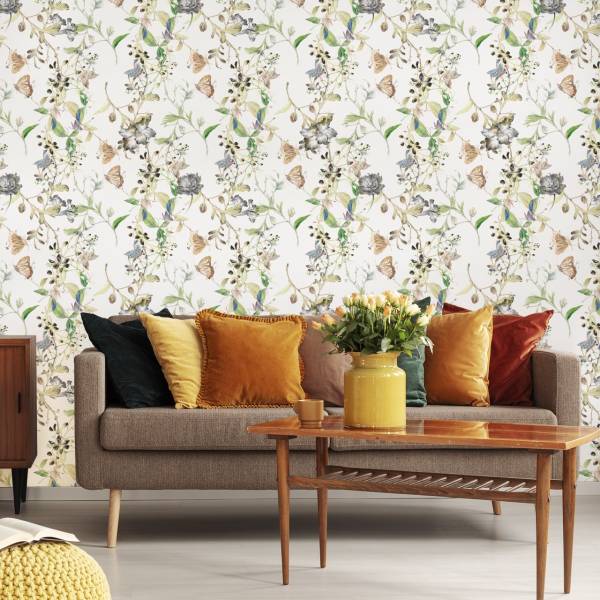TAPETE Blumen Schmetterlinge Vintage Beige - Blau - Braun - Grau - Grün - Weiß - Papier - 53 x 1000 x 1000 cm