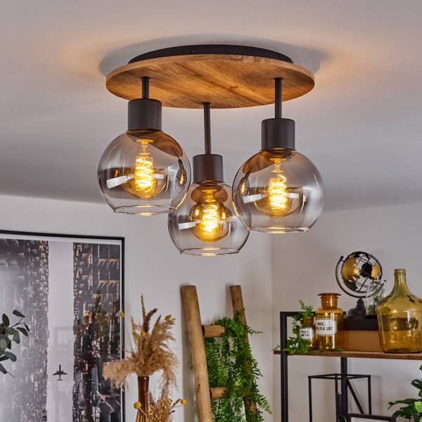 Deckenleuchte Canove Schwarz - Braun - Glas Grau - Holz - 38 x 22 x 38 cm