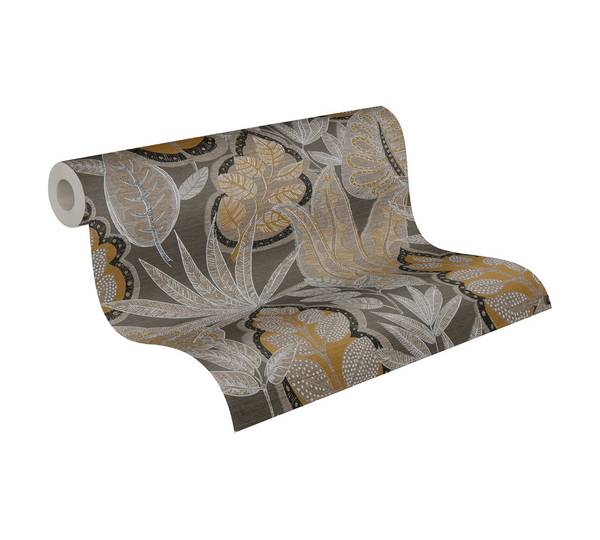 Botanische Vliestapete Pflanzen Braun - Orange - Taupe - Weiß