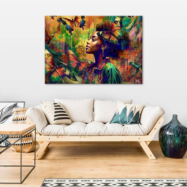 Leinwandbild Frau Schmetterlinge 120 x 80 cm