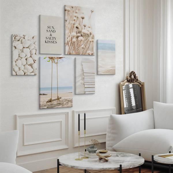 Set De Tableaux Plage Plantes Citation Beige - Bleu - Blanc - Lin - 90 x 80 x 80 cm