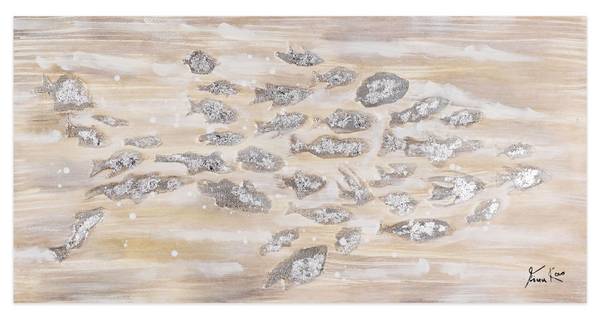 Acrylbild Handgemalt Fische Qo Beige - Baumwollstoff - 100 x 50 x 4 cm