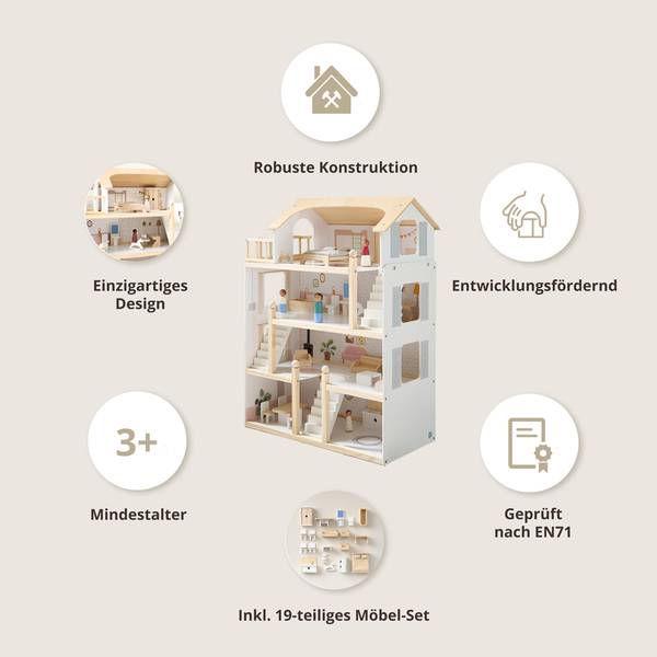 Puppenhaus BLANCHE 19 tlg Weiß - Holzwerkstoff - 32 x 81 x 61 cm