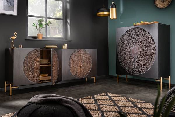Highboard MANDALA Schwarz - Mango - 100 x 120 x 38 cm