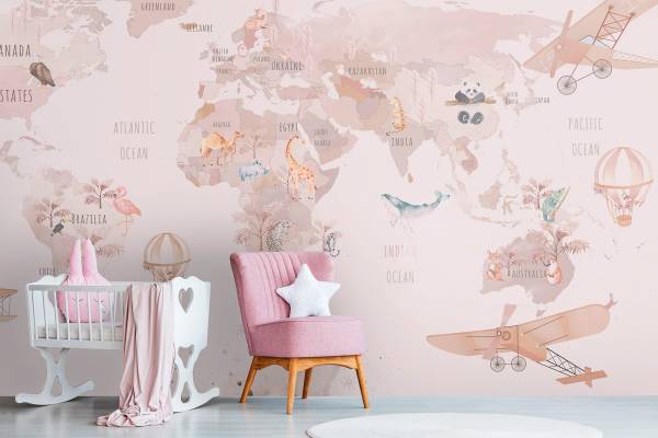 Fototapete 724 World Map modern Design Beige - Pink - Fleece - 375 x 250 x 1 cm