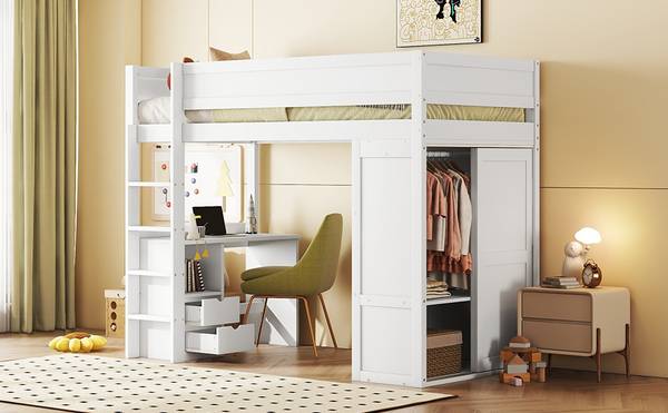 Hochbett mit Schreibtisch-O28109 Weiß - Massivholz - 165 x 165 x 205 cm