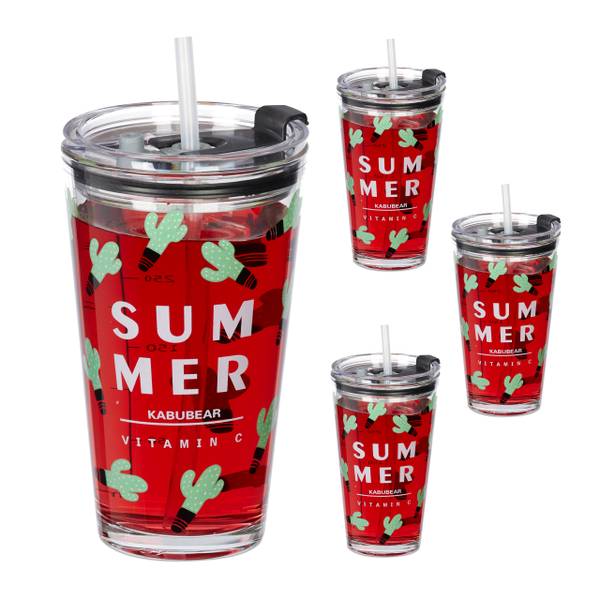 Set van 4 drinkglazen met cactus print zwart - groen - silicone - 9 x 16 x 10 cm