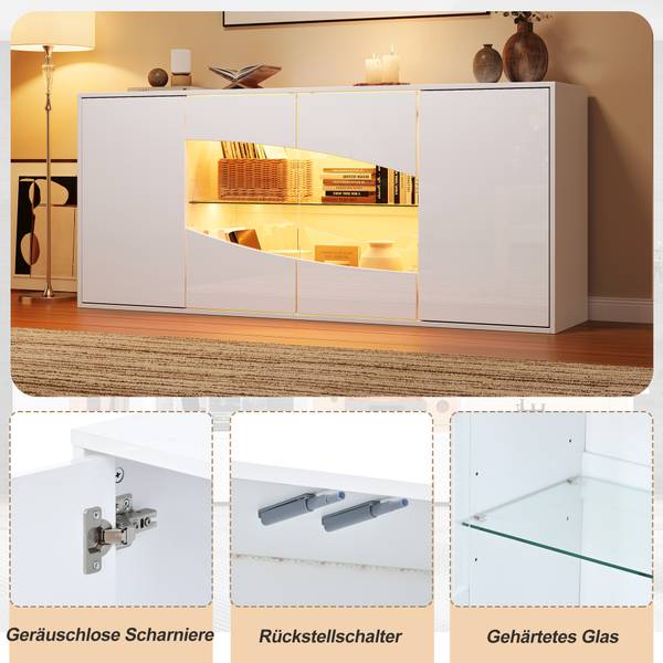 Sideboard Electra Ⅱ Weiß - Holzwerkstoff - Glas - 160 x 70 x 35 cm