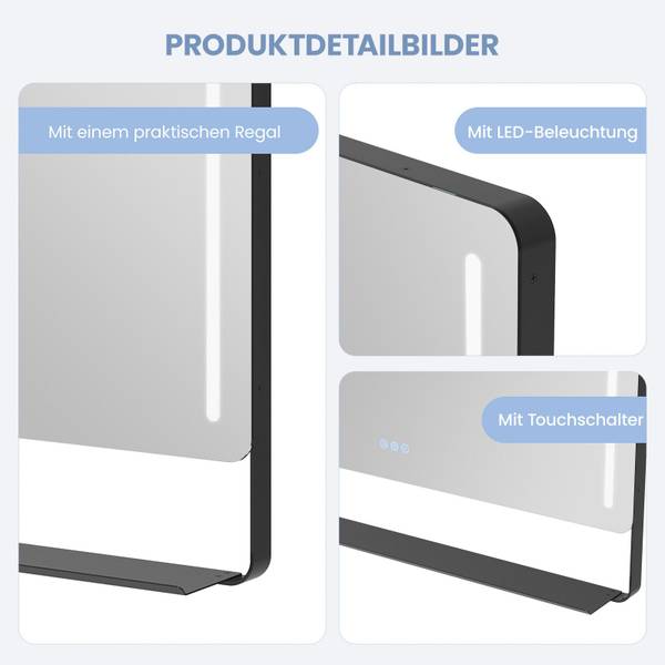 LED Spiegel mit Ablage Beschlagfrei LM12 Schwarz - Glas - 100 x 70 x 12 cm