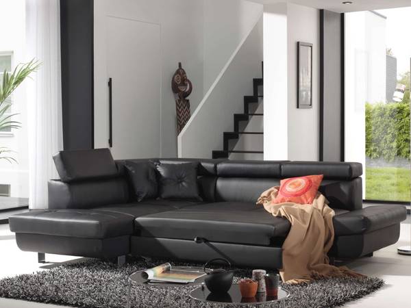 Canapé d'Angle Convertible LISBONA Noir - Tissé à plat - 252 x 89 x 190 cm