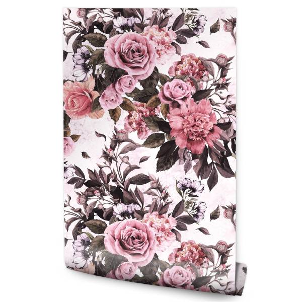 Tapete Rosen PFINGSTROSEN Blumen Natur Grün - Pink - Weiß - Fleece - 53 x 1000 x 1000 cm