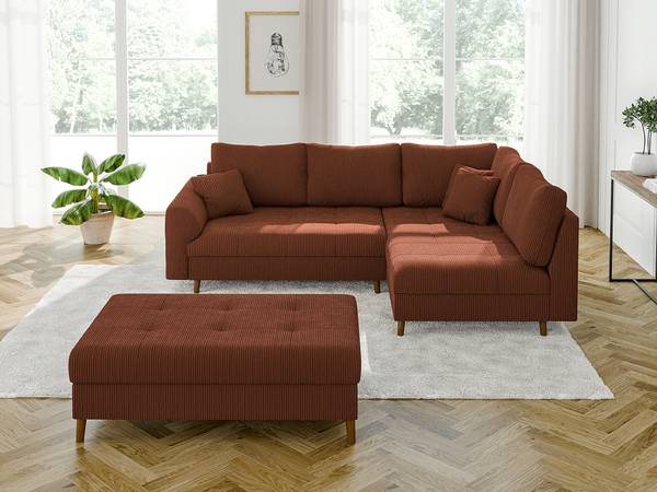 Ecksofa und Hocker Neo, Cord-Stoff Rubinrot - Ecke davorstehend rechts