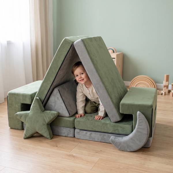 Canapé de jeu modulaire enfant, 10 pcs Gris - Vert - Polyester - 140 x 45 x 65 cm