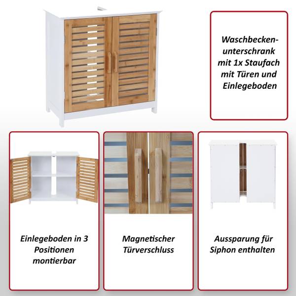 Waschbeckenunterschrank B41 Weiß - Bambus - Holzwerkstoff - 60 x 60 x 30 cm