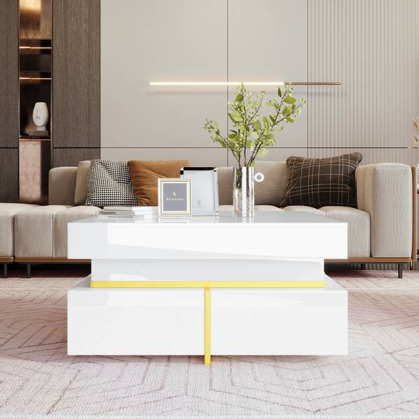 Salontafel Ourea Ⅳ wit glas - hoogglans wit - goud - wit