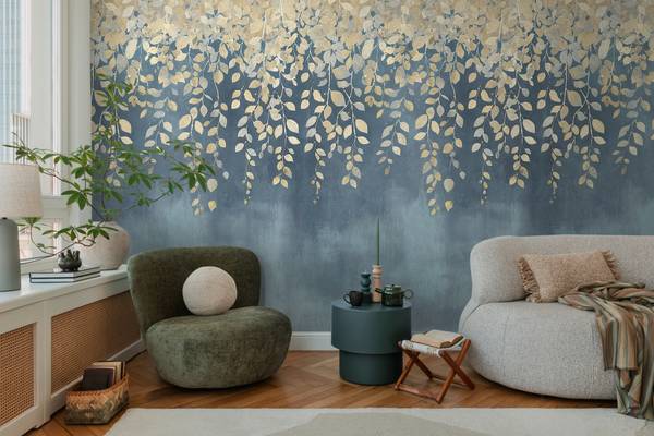 Vliestapete Gilded Bloom Blau - Gelb - Fleece - Vinyl - 159 x 280 x 1 cm