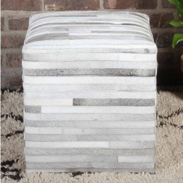 Patchwork Fellhocker Liem Weiß - Holzwerkstoff - Echtfell - 45 x 48 x 45 cm