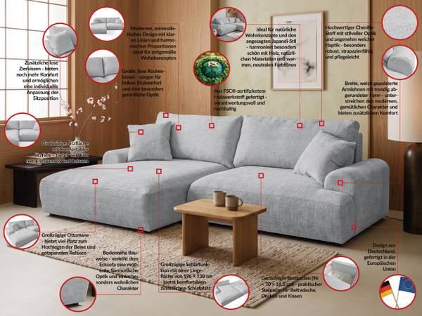 Ecksofa mit Schlaffunktion Melvano Hellgrau - Ecke davorstehend links
