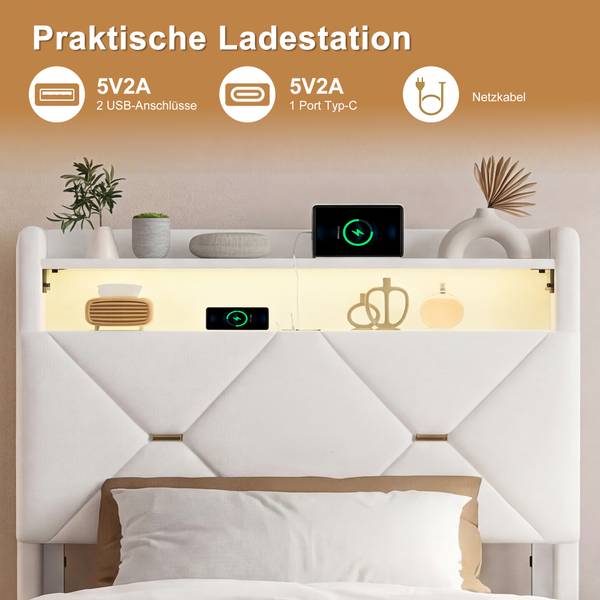 Polsterbett HUR01 Beige - Metall - Massivholz - 91 x 108 x 214 cm