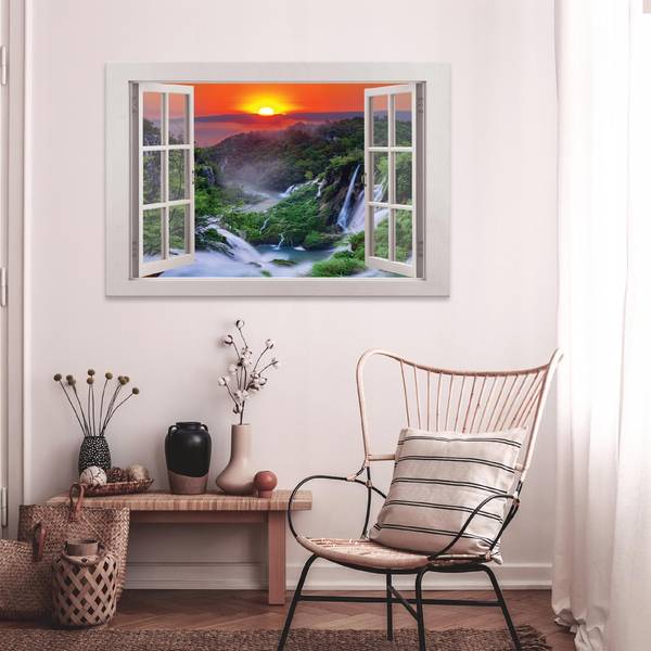 Leinwandbild Fenster Wasserfall Natur 120 x 80 x 3 cm