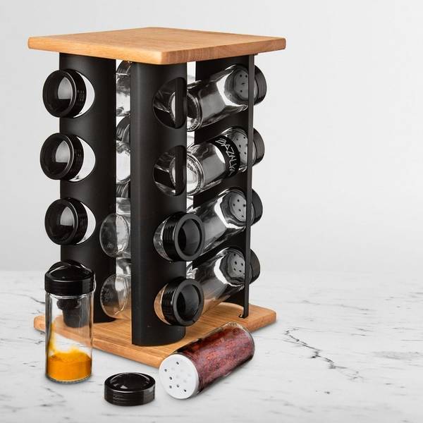Gewürzständer mit Gläsern 17-tlg. Set Schwarz - Glas - Metall - Massivholz - 18 x 29 x 18 cm