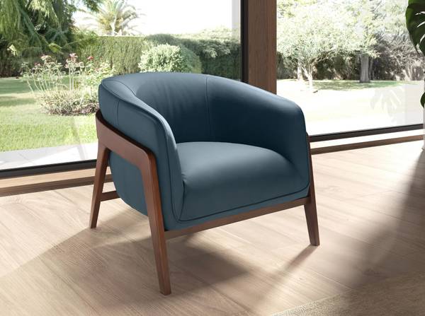 Ledersessel Petrolblau mit Nussbaumfüßen Blau - Walnuss - 82 x 73 x 87 cm