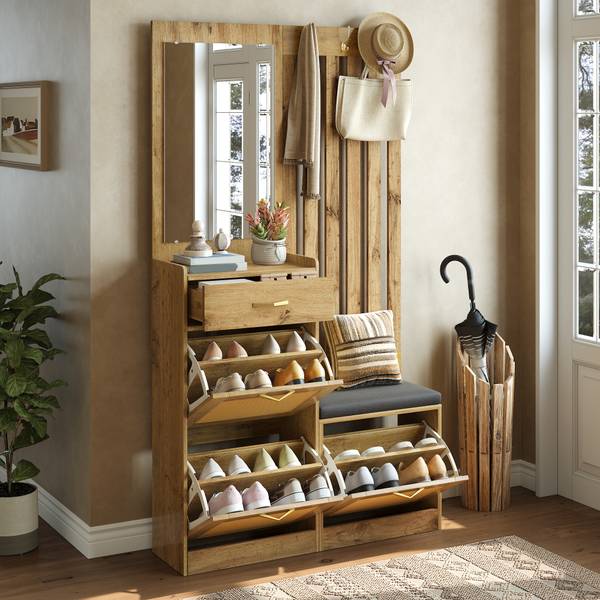 Kompaktgarderobe Coeus Ⅰ Braun - Holzwerkstoff - Glas - Metall - 100 x 180 x 26 cm