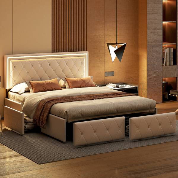 Doppelbett Polsterbett HDF09 Beige - Metall - Massivholz - 145 x 96 x 208 cm