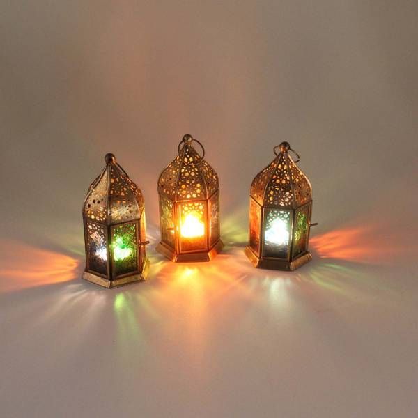 Windlichter Nael Multifarbig 3er Set Gold - Eisen - Farbglas - 8 x 16 x 8 cm